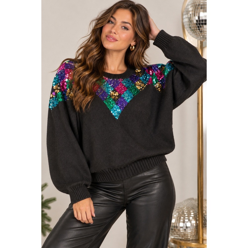 80s Sequin Sweater Black Jewel Tone Statement Party Glam Size S Maximalist